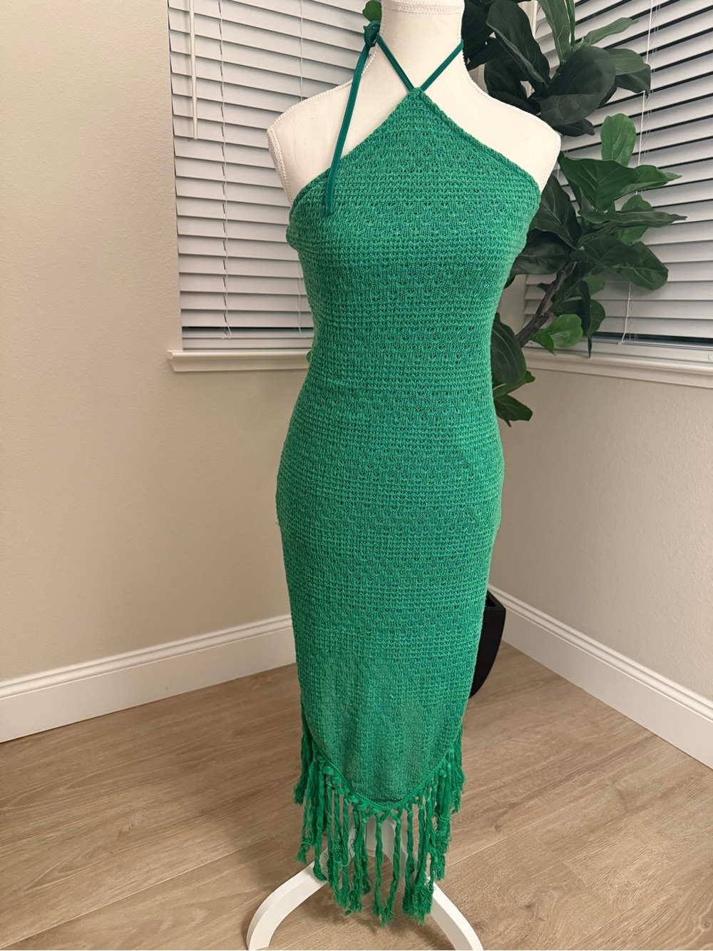 Green Crochet Halter Midi Dress with Fringe